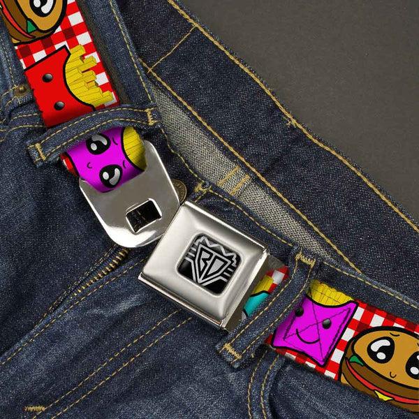 Buckle-Down BD Wings Logo CLOSE-UP Full Color Black Silver Seatbelt Belt - Burger & Fries Cartoon Webbing