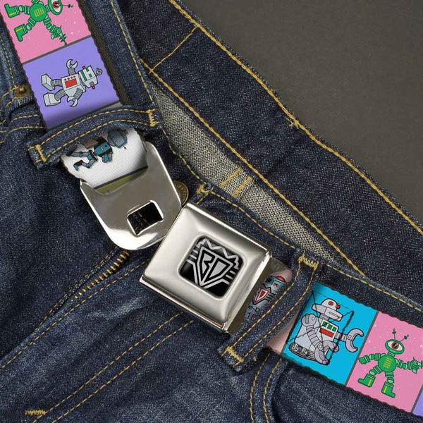 Buckle-Down BD Wings Logo CLOSE-UP Full Color Black Silver Seatbelt Belt - Robots Pastel Blocks Webbing