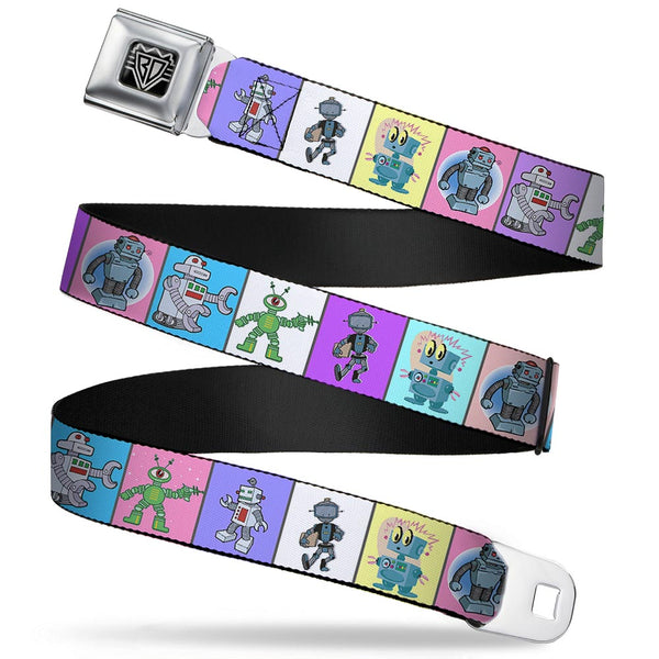 Buckle-Down BD Wings Logo CLOSE-UP Full Color Black Silver Seatbelt Belt - Robots Pastel Blocks Webbing
