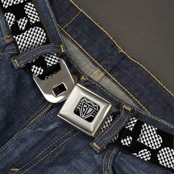 Buckle-Down BD Wings Logo CLOSE-UP Full Color Black Silver Seatbelt Belt - Eighties Hearts Black/White Webbing