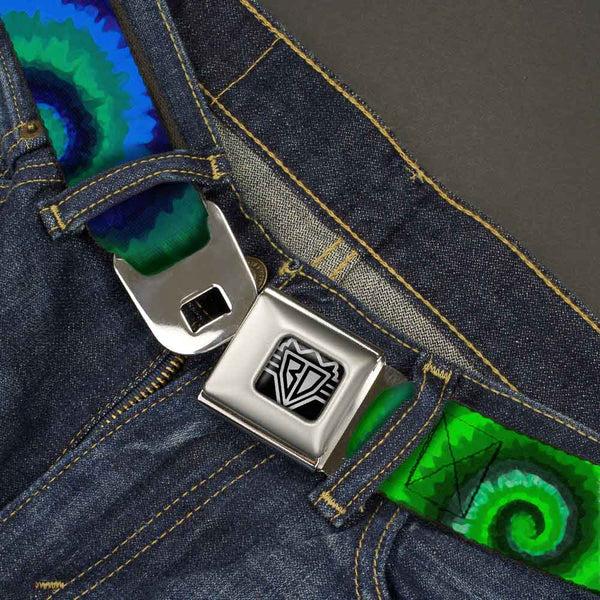 Buckle-Down BD Wings Logo CLOSE-UP Full Color Black Silver Seatbelt Belt - Tie Dye Swirl Green/Blue/Purple Webbing
