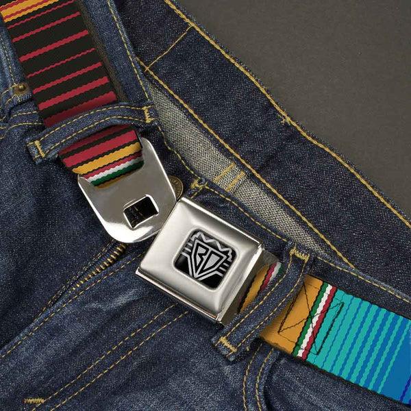 Buckle-Down BD Wings Logo CLOSE-UP Full Color Black Silver Seatbelt Belt - Zarape6 Vertical Stripe Gold/Blues/Black/Red Webbing