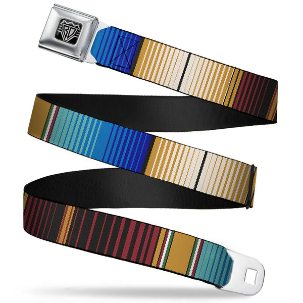 Buckle-Down BD Wings Logo CLOSE-UP Full Color Black Silver Seatbelt Belt - Zarape6 Vertical Stripe Gold/Blues/Black/Red Webbing