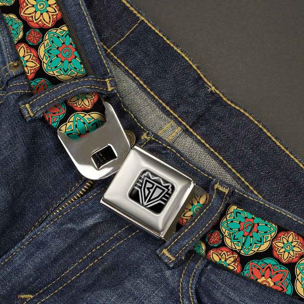 Buckle-Down BD Wings Logo CLOSE-UP Full Color Black Silver Seatbelt Belt - Boho Mandala Black/Yellow/Turquoise/Orange Webbing