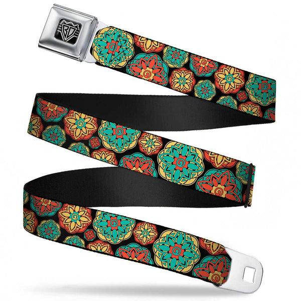 Buckle-Down BD Wings Logo CLOSE-UP Full Color Black Silver Seatbelt Belt - Boho Mandala Black/Yellow/Turquoise/Orange Webbing