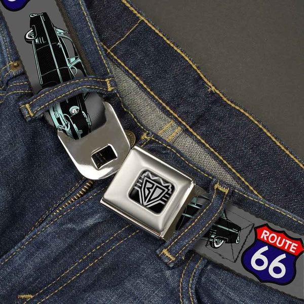 Buckle-Down BD Wings Logo CLOSE-UP Full Color Black Silver Seatbelt Belt - Route 66 Classics Gray Webbing