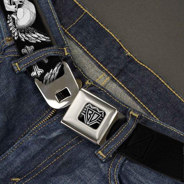 Buckle-Down BD Wings Logo CLOSE-UP Full Color Black Silver Seatbelt Belt - BD Skulls W/Wings Black/White Webbing