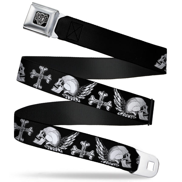 Buckle-Down BD Wings Logo CLOSE-UP Full Color Black Silver Seatbelt Belt - BD Skulls w/Wings Black/White Webbing