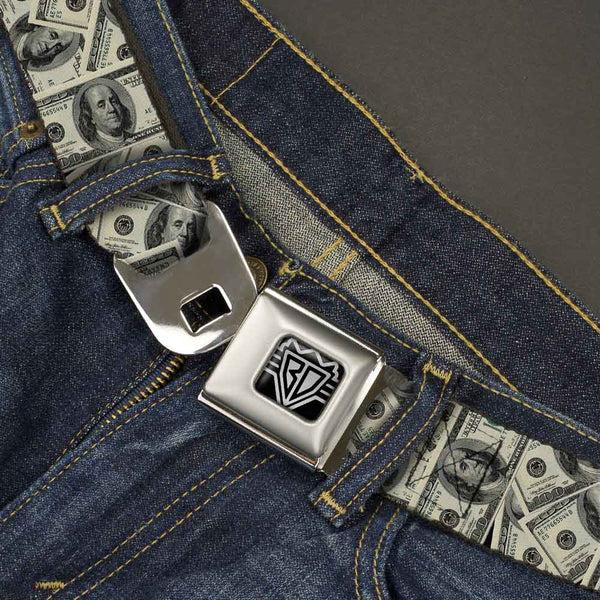 Buckle-Down BD Wings Logo CLOSE-UP Full Color Black Silver Seatbelt Belt - Benjamins2 Stacked Webbing