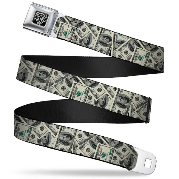 Buckle-Down BD Wings Logo CLOSE-UP Full Color Black Silver Seatbelt Belt - Benjamins2 Stacked Webbing