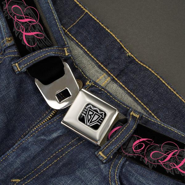 Buckle-Down BD Wings Logo CLOSE-UP Full Color Black Silver Seatbelt Belt - SO CAL Script/Wings Black/Gray/Pink Webbing