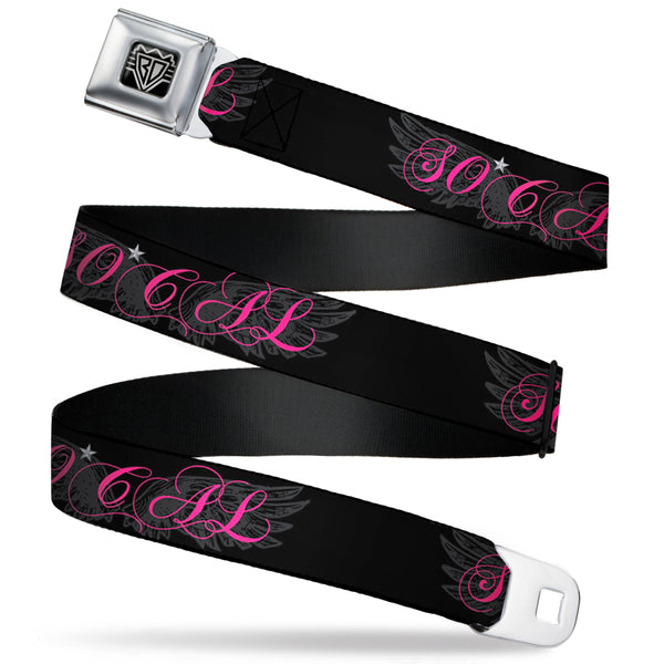 Buckle-Down BD Wings Logo CLOSE-UP Full Color Black Silver Seatbelt Belt - SO CAL Script/Wings Black/Gray/Pink Webbing