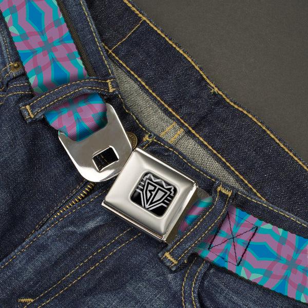 Buckle-Down BD Wings Logo CLOSE-UP Full Color Black Silver Seatbelt Belt - Floral Kaleidoscope Blues/Pinks Webbing