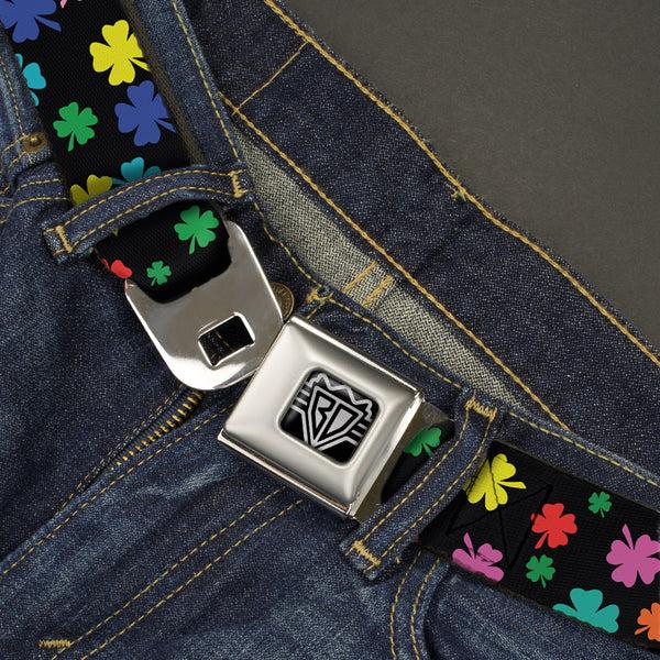 Buckle-Down BD Wings Logo CLOSE-UP Full Color Black Silver Seatbelt Belt - Four-Leaf Clovers Scattered Black/Multi Color Webbing
