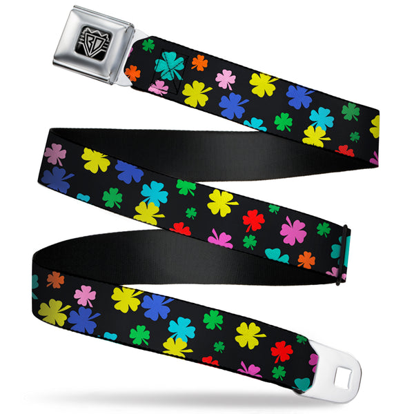 Buckle-Down BD Wings Logo CLOSE-UP Full Color Black Silver Seatbelt Belt - Four-Leaf Clovers Scattered Black/Multi Color Webbing