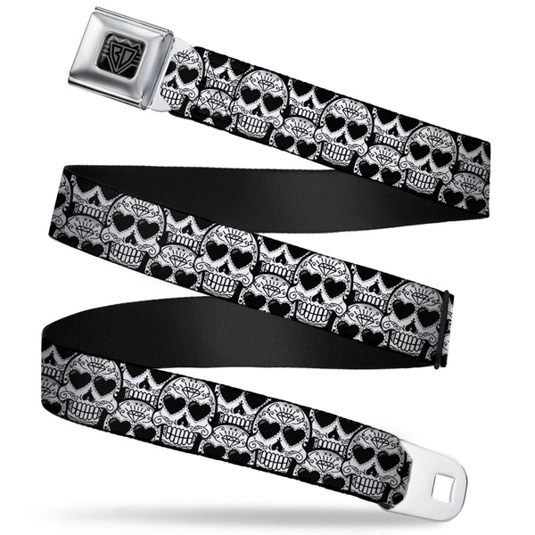 Buckle-Down BD Wings Logo CLOSE-UP Full Color Black Silver Seatbelt Belt - Diamond Sugar Skull Stacked Black/Silver Fade/White Webbing
