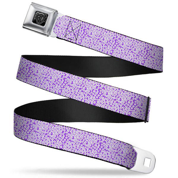 Buckle-Down BD Wings Logo CLOSE-UP Full Color Black Silver Seatbelt Belt - Ditsy Floral Lavender/White/Black Webbing