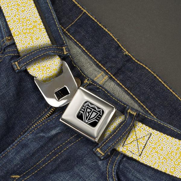 Buckle-Down BD Wings Logo CLOSE-UP Full Color Black Silver Seatbelt Belt - Ditsy Floral Yellow/White/Brown Webbing