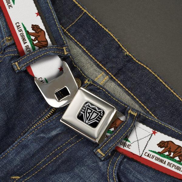 Buckle-Down BD Wings Logo CLOSE-UP Full Color Black Silver Seatbelt Belt - California State Flag White Webbing