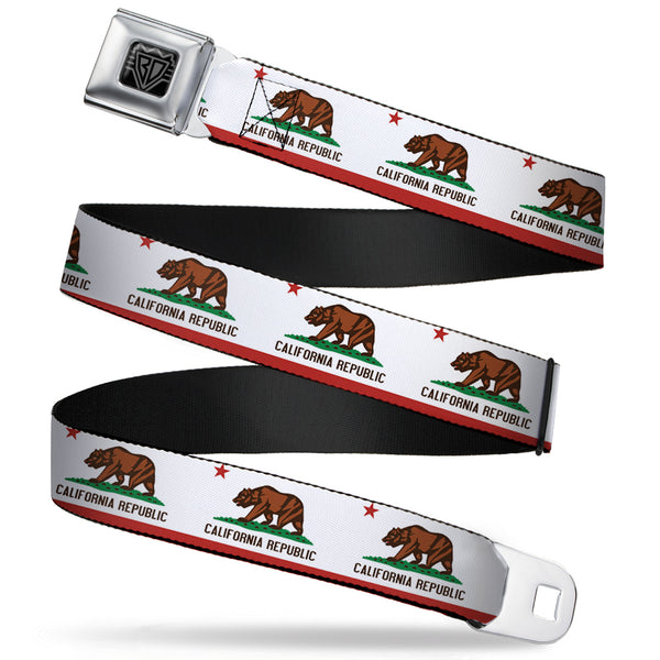 Buckle-Down BD Wings Logo CLOSE-UP Full Color Black Silver Seatbelt Belt - California State Flag White Webbing