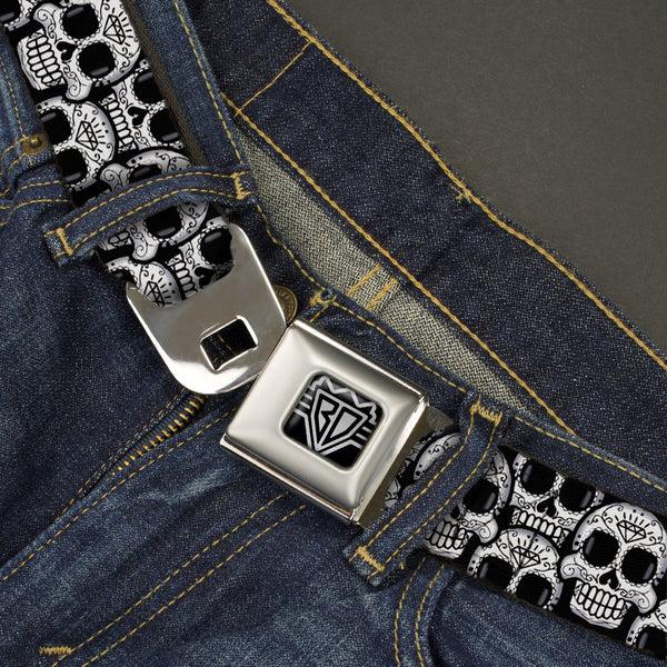 Buckle-Down BD Wings Logo CLOSE-UP Full Color Black Silver Seatbelt Belt - Cartoon Sugar Skulls Stacked Black/White Webbing