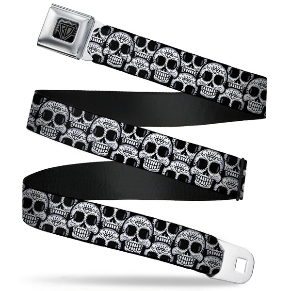 Buckle-Down BD Wings Logo CLOSE-UP Full Color Black Silver Seatbelt Belt - Cartoon Sugar Skulls Stacked Black/White Webbing