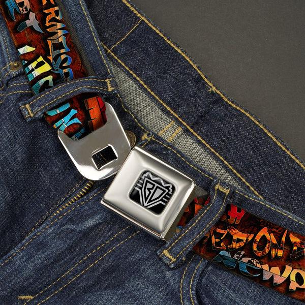 Buckle-Down BD Wings Logo CLOSE-UP Full Color Black Silver Seatbelt Belt - Beach Tags Stacked Brick Wall/Beach Scenes Webbing