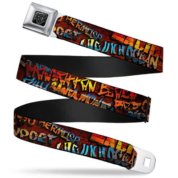 Buckle-Down BD Wings Logo CLOSE-UP Full Color Black Silver Seatbelt Belt - Beach Tags Stacked Brick Wall/Beach Scenes Webbing