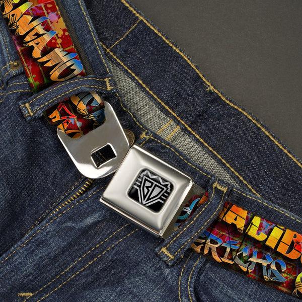 Buckle-Down BD Wings Logo CLOSE-UP Full Color Black Silver Seatbelt Belt - Beach Tags/Paint Splatter Brick Wall/Beach Scenes Webbing