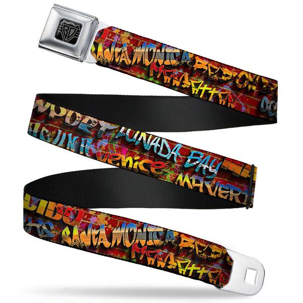 Buckle-Down BD Wings Logo CLOSE-UP Full Color Black Silver Seatbelt Belt - Beach Tags/Paint Splatter Brick Wall/Beach Scenes Webbing