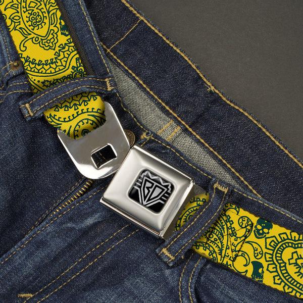 Buckle-Down BD Wings Logo CLOSE-UP Full Color Black Silver Seatbelt Belt - Bandana/Skulls Gold/Green Webbing