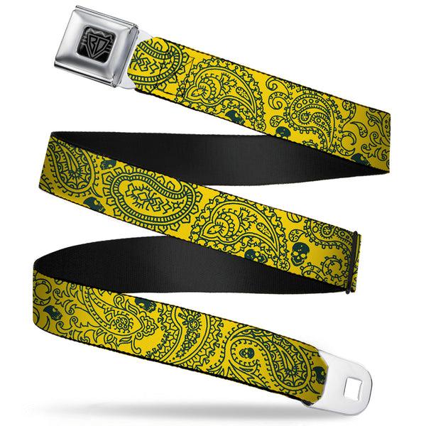 Buckle-Down BD Wings Logo CLOSE-UP Full Color Black Silver Seatbelt Belt - Bandana/Skulls Gold/Green Webbing