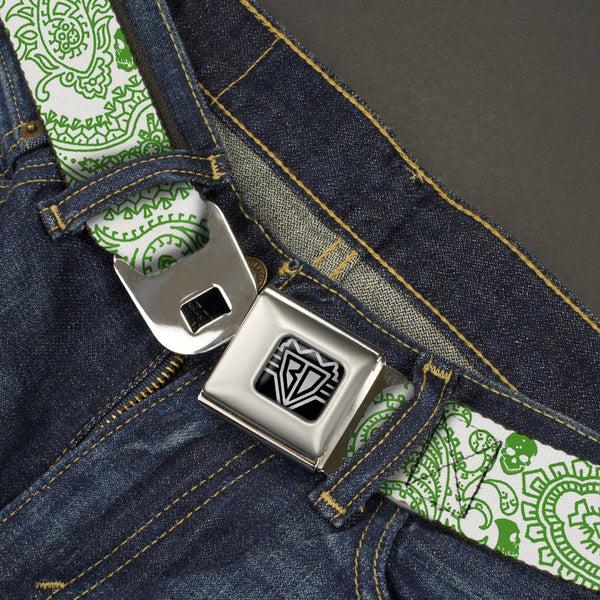 Buckle-Down BD Wings Logo CLOSE-UP Full Color Black Silver Seatbelt Belt - Bandana/Skulls White/Irish Green Webbing