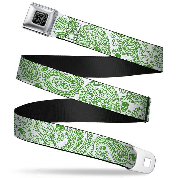 Buckle-Down BD Wings Logo CLOSE-UP Full Color Black Silver Seatbelt Belt - Bandana/Skulls White/Irish Green Webbing