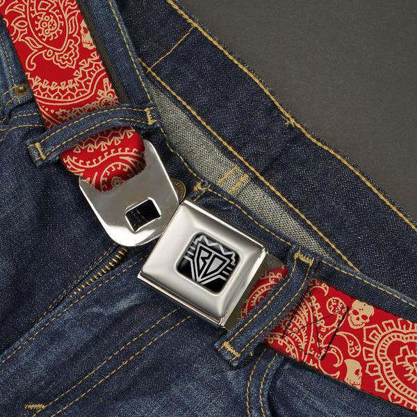 Buckle-Down BD Wings Logo CLOSE-UP Full Color Black Silver Seatbelt Belt - Bandana/Skulls Scarlet Red/Gold Webbing