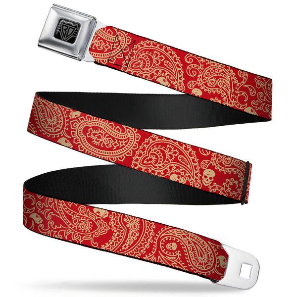 Buckle-Down BD Wings Logo CLOSE-UP Full Color Black Silver Seatbelt Belt - Bandana/Skulls Scarlet Red/Gold Webbing