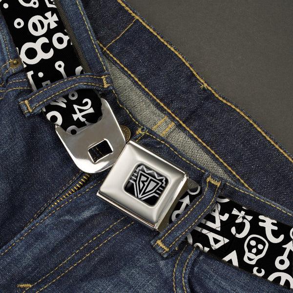 Buckle-Down BD Wings Logo CLOSE-UP Full Color Black Silver Seatbelt Belt - Alchemy Symbols Scattered Black/White Webbing