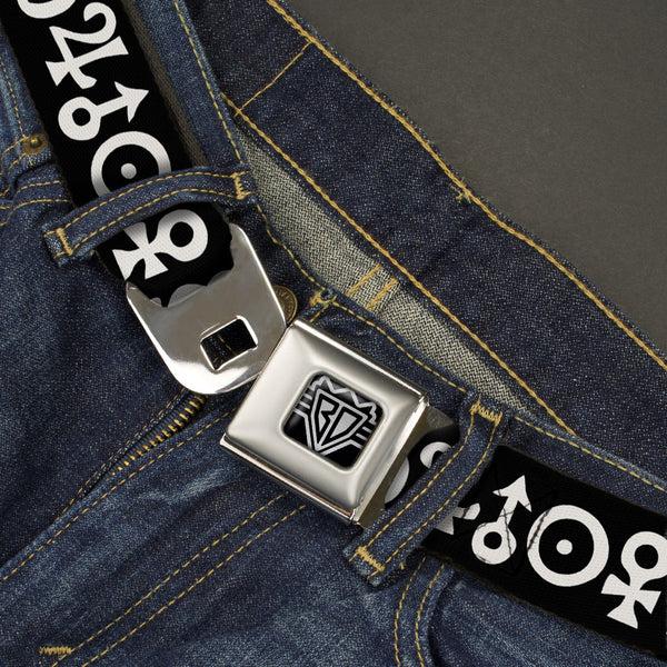 Buckle-Down BD Wings Logo CLOSE-UP Full Color Black Silver Seatbelt Belt - Alchemy Symbols Black/White Webbing