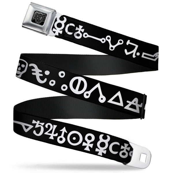 Buckle-Down BD Wings Logo CLOSE-UP Full Color Black Silver Seatbelt Belt - Alchemy Symbols Black/White Webbing