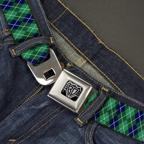 Buckle-Down BD Wings Logo CLOSE-UP Full Color Black Silver Seatbelt Belt - Argyle Green/Navy/Green/White Webbing