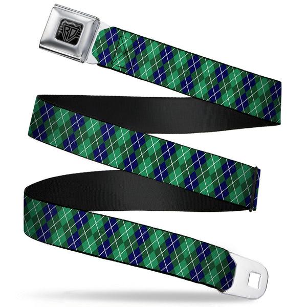 Buckle-Down BD Wings Logo CLOSE-UP Full Color Black Silver Seatbelt Belt - Argyle Green/Navy/Green/White Webbing
