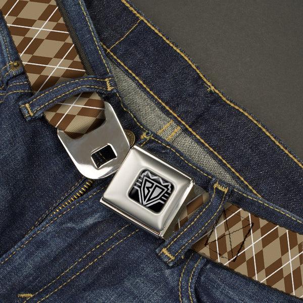 Buckle-Down BD Wings Logo CLOSE-UP Full Color Black Silver Seatbelt Belt - Argyle Tan/Brown/White Webbing