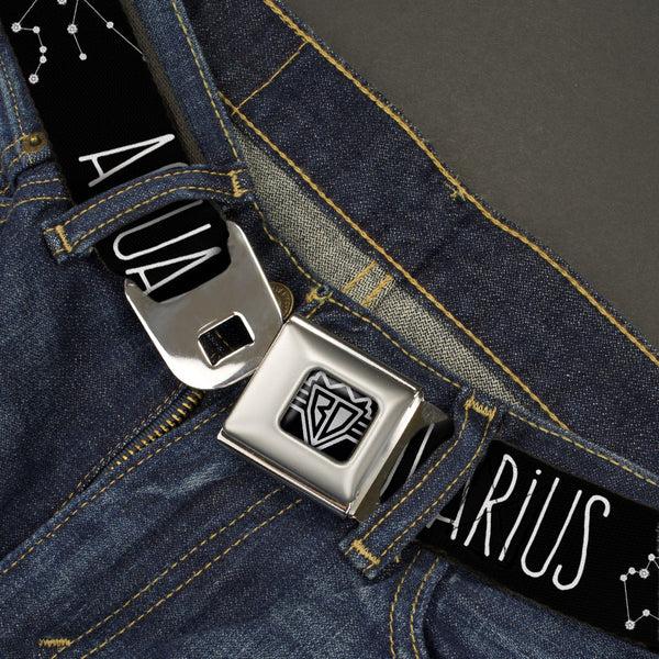 Buckle-Down BD Wings Logo CLOSE-UP Full Color Black Silver Seatbelt Belt - Zodiac AQUARIUS/Constellation Black/White Webbing