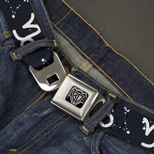 Buckle-Down BD Wings Logo CLOSE-UP Full Color Black Silver Seatbelt Belt - Zodiac Capricorn Symbol/Constellations Black/White Webbing