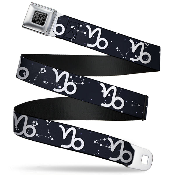 Buckle-Down BD Wings Logo CLOSE-UP Full Color Black Silver Seatbelt Belt - Zodiac Capricorn Symbol/Constellations Black/White Webbing