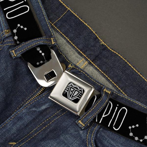Buckle-Down BD Wings Logo CLOSE-UP Full Color Black Silver Seatbelt Belt - Zodiac SCORPIO/Constellation Black/White Webbing
