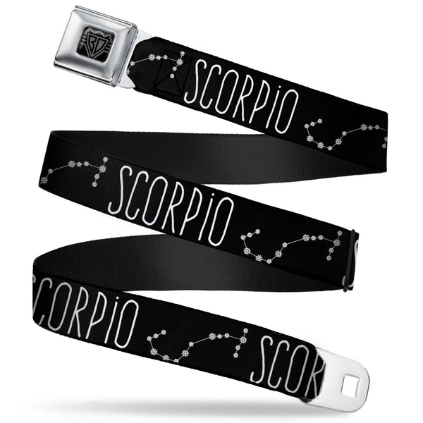 Buckle-Down BD Wings Logo CLOSE-UP Full Color Black Silver Seatbelt Belt - Zodiac SCORPIO/Constellation Black/White Webbing