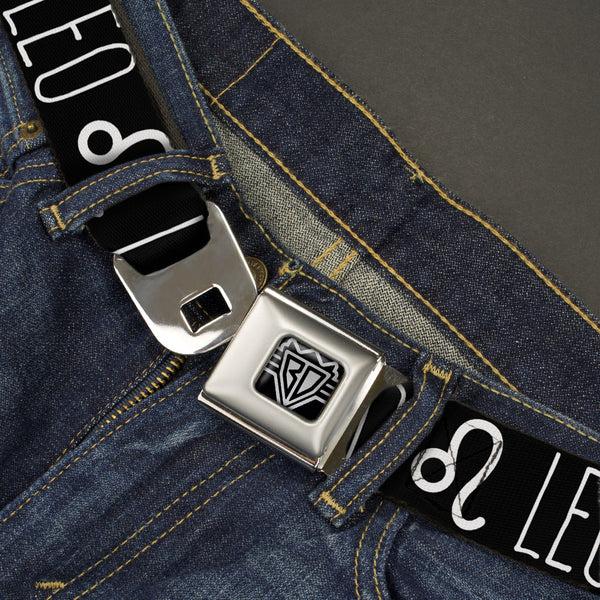 Buckle-Down BD Wings Logo CLOSE-UP Full Color Black Silver Seatbelt Belt - Zodiac LEO/Symbol Black/White Webbing