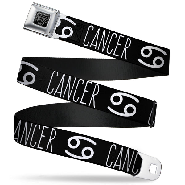 Buckle-Down BD Wings Logo CLOSE-UP Full Color Black Silver Seatbelt Belt - Zodiac CANCER/Symbol Black/White Webbing