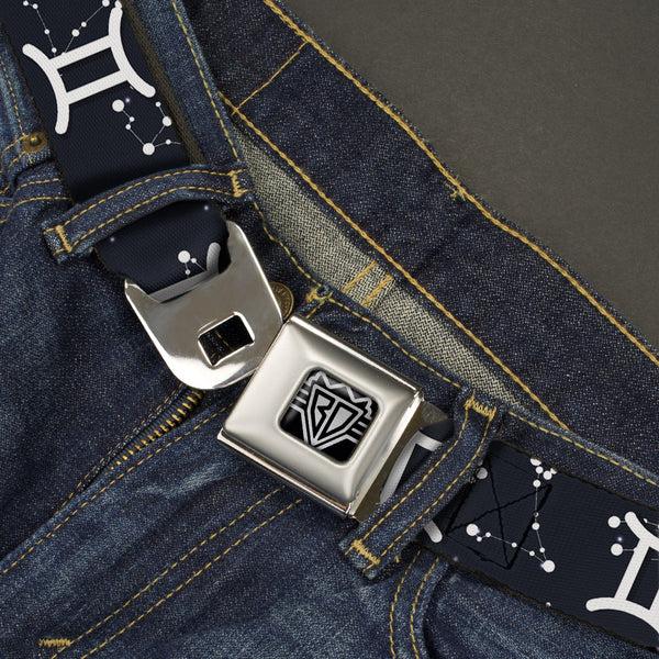 Buckle-Down BD Wings Logo CLOSE-UP Full Color Black Silver Seatbelt Belt - Zodiac Gemini Symbol/Constellations Black/White Webbing